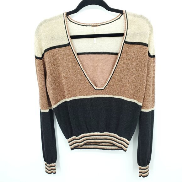 Free People Gold Dust Colorblock V-Neck Shimmer/Metallic Relaxed Fit Sweater XS - Picture 3 of 16